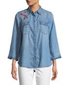 Wide-sleeve Embroidered Denim Blouse