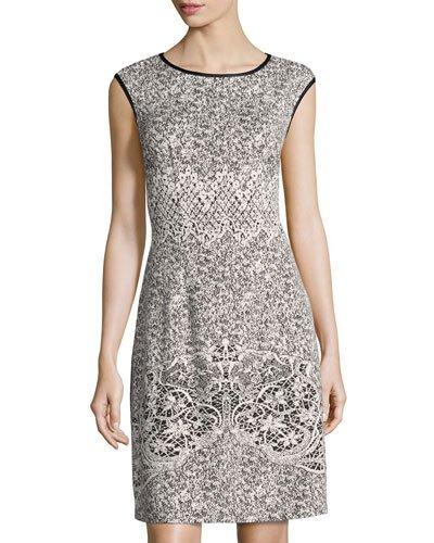 Boat-neck Lace-print Knit Dress, Black/white