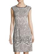 Boat-neck Lace-print Knit Dress, Black/white