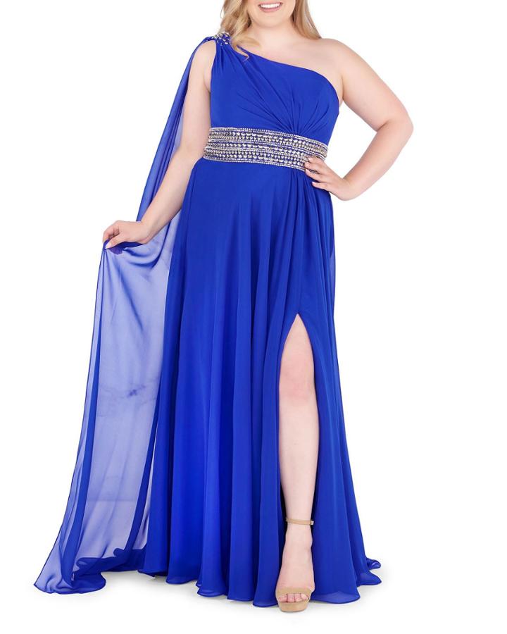 Plus Size One-shoulder Cape Beaded Belt Chiffon Gown
