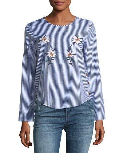 Embroidered Striped Poplin Top