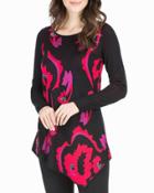 Long-sleeve Asymmetric-hem Jacquard Top, Black Pattern