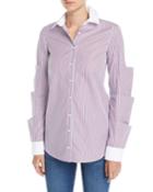 Striped Tiered-sleeve Button-front Poplin Top