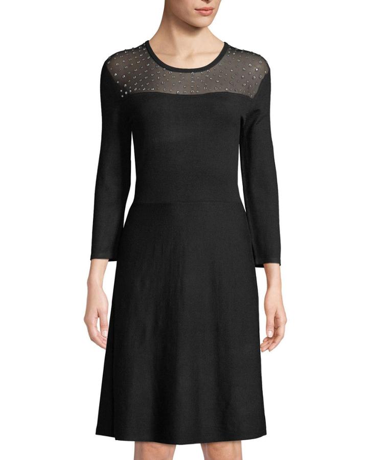 Scoop-neck 3/4-sleeve Sweater Dress W/ Embellished
