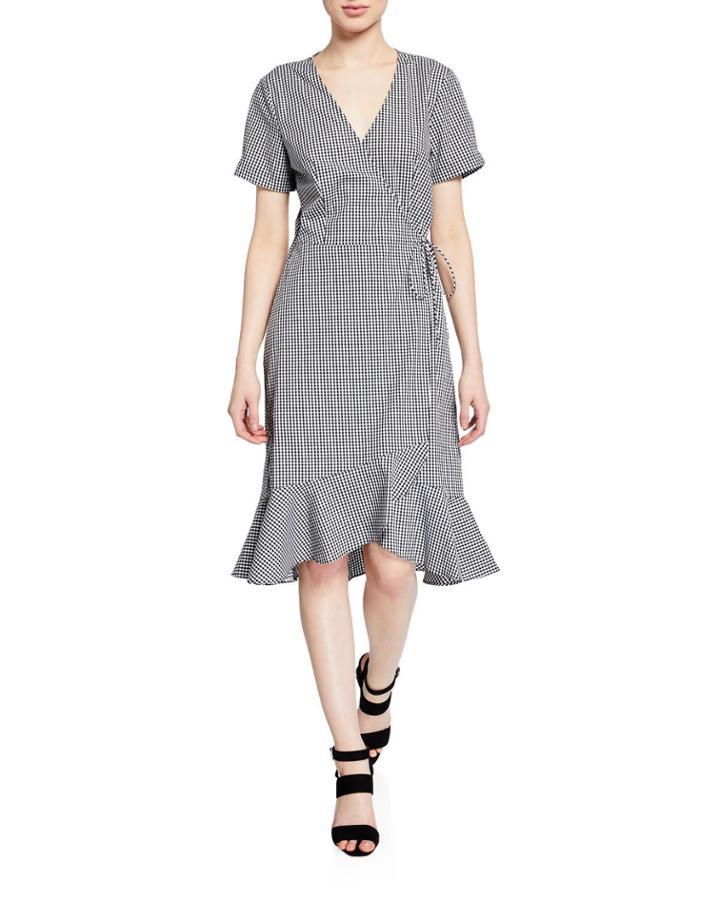Gingham Short-sleeve Wrap Flounce Dress
