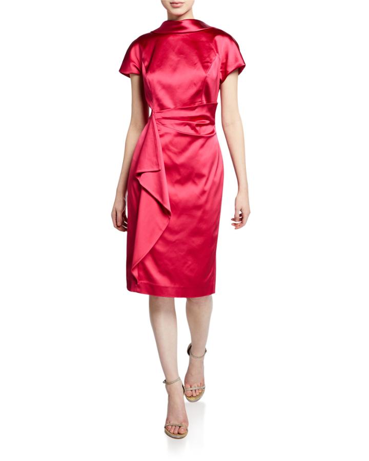 V-back Cap-sleeve Satin Sheath Dress With Flounce-trim