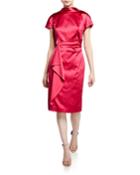 V-back Cap-sleeve Satin Sheath Dress With Flounce-trim