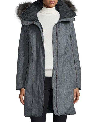 Hooded Wool Fur-trim Parka, Charcoal