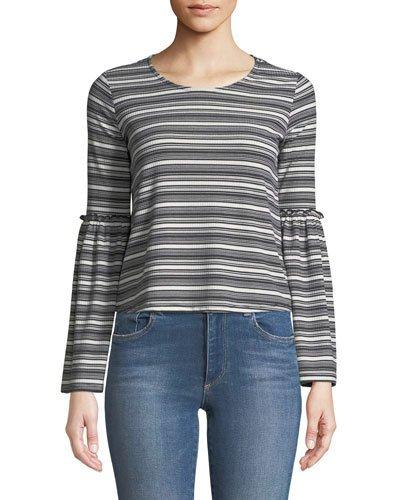 Striped Ribbed-knit Bell-sleeve Blouse