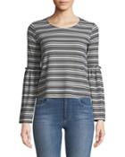 Striped Ribbed-knit Bell-sleeve Blouse