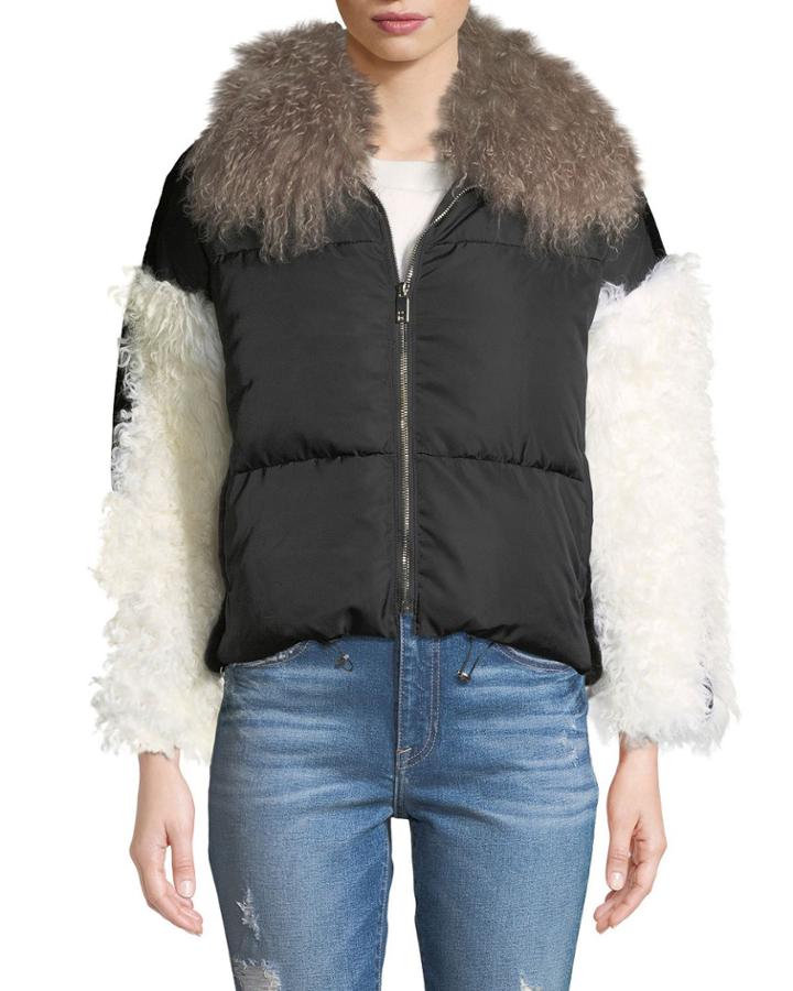 Lamb Shearling Trim Puffer Jacket