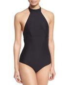 Heather Choker Solid One-piece Swimsuit, Black