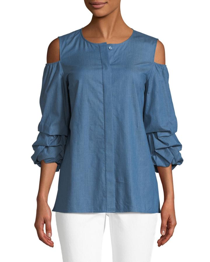 Poppy Ruched-cuff Denim Blouse