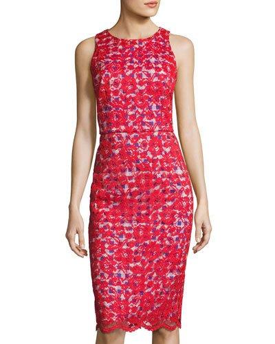 Lace-overlay Gingham Sheath Dress, Red Pattern