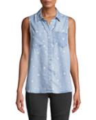 Star-print Button-front Chambray Tank