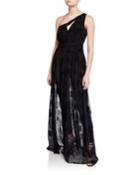 One-shoulder Jumpsuit With Velvet Floral Tulle Overskirt