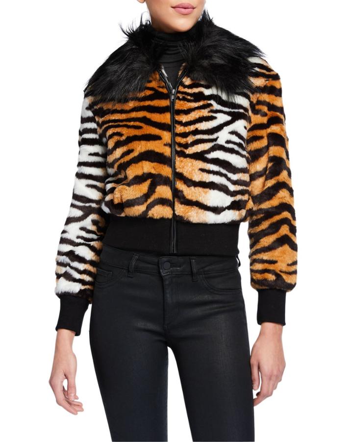 Zebra-print Faux Fur Bomber Jacket