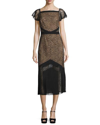 Cap-sleeve Lace Midi Dress, Black