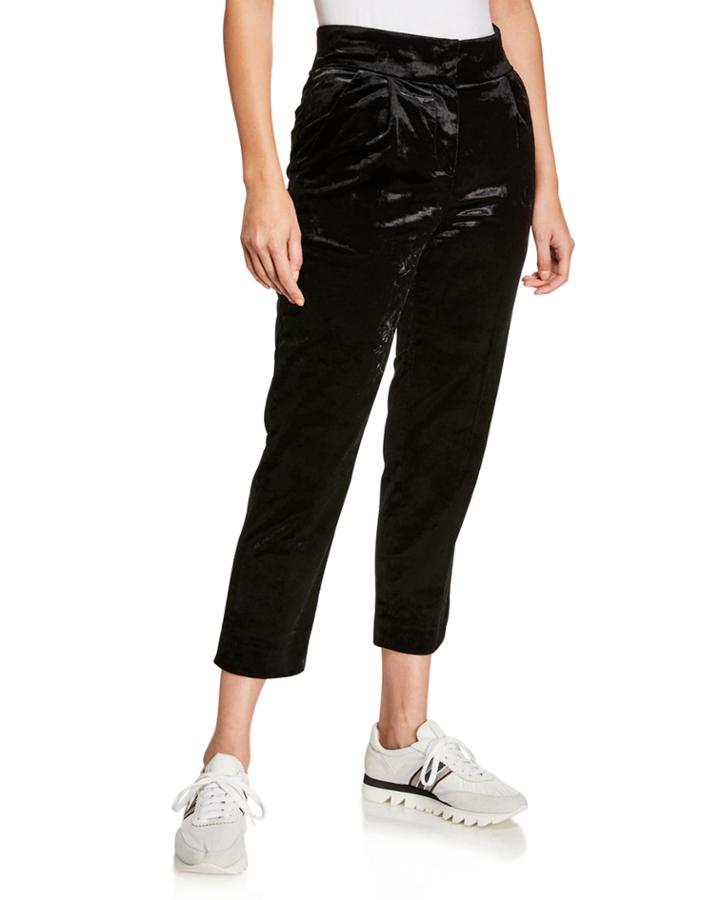Straight-leg Cropped Velvet Pants W/ Pleats
