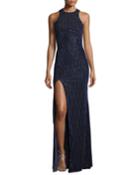 Vertical Beading Crisscross Back Velvet Gown