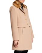 Button-front Wool-blend Trench Coat W/ Faux-fur Trim