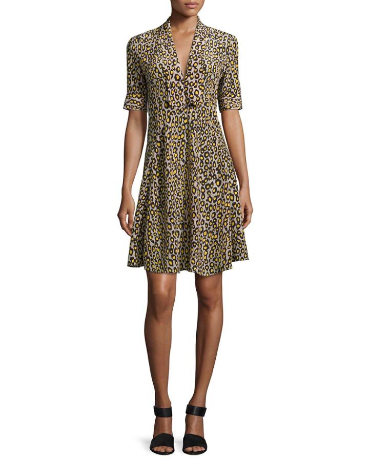 Leopard-print Short-sleeve Dress, Yellow