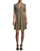 Leopard-print Short-sleeve Dress, Yellow