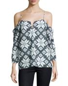 Printed Chiffon Cold-shoulder Blouse, Gray/white