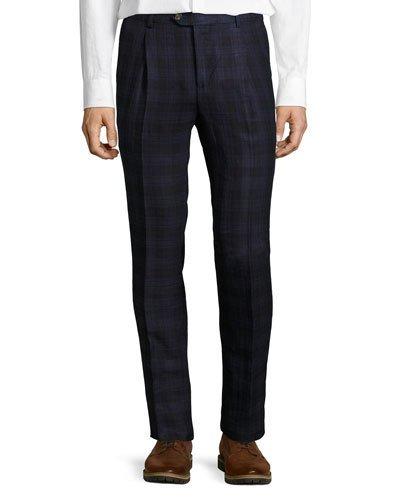 Madras Linen-blend Trousers, Blue