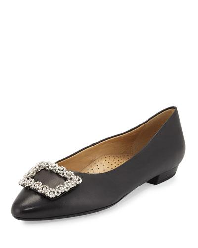 Georgia Crystal-buckle Leather Flat, Black/silver