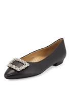 Georgia Crystal-buckle Leather Flat, Black/silver