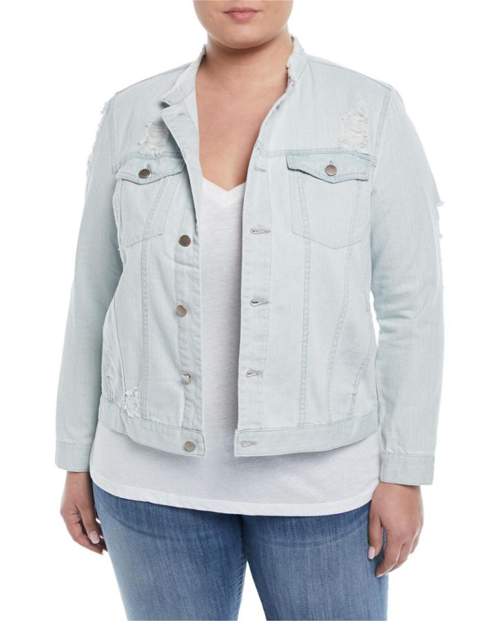 Collarless Distressed Denim Jacket,