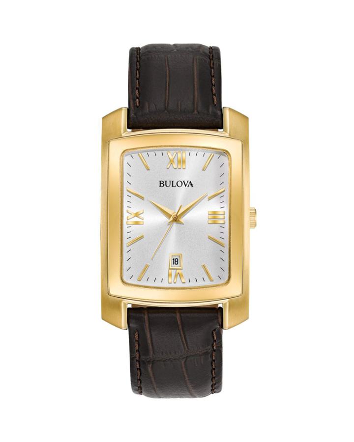 Men's 31mm Rectangular Watch W/ Crocodile Strap, Brown/gold