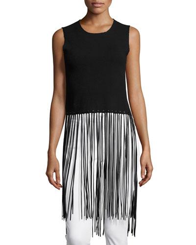 Sleeveless Ribbed Fringe Top, Black