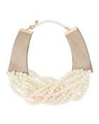 Multi-strand Pearlescent-beaded Torsade Choker Necklace, White