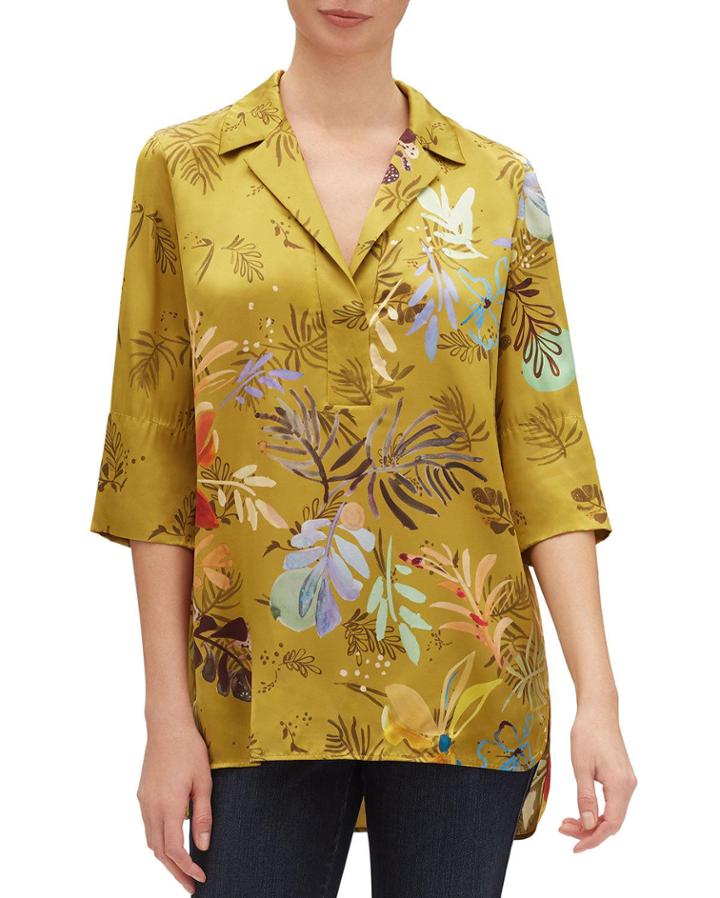 Bouquet-print 3/4-sleeve Drape Cloth Blouse