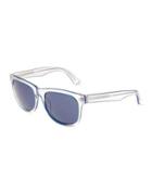 Liam Rectangle Plastic Sunglasses, Crystal/blue