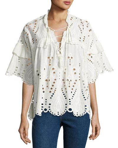 Elyor Scalloped Eyelet Top, White