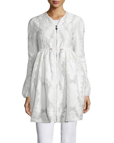 Long Floral-embroidered Collarless Jacket, White