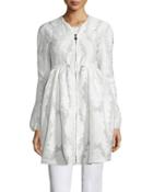 Long Floral-embroidered Collarless Jacket, White