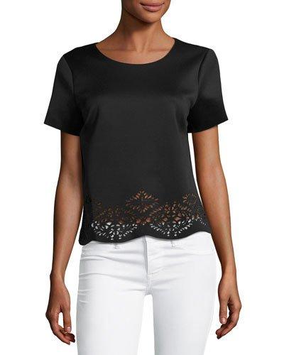 Laser-cut Crewneck Top, Black