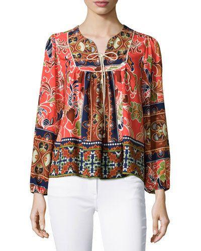 Vera Printed Caftan-neck Top, Brown