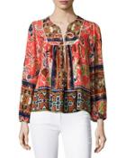 Vera Printed Caftan-neck Top, Brown