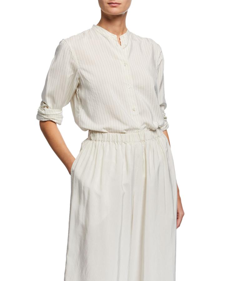 Striped Band-collar Button-front Long-sleeve