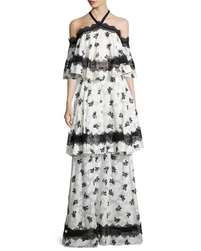 Tiered Lace-trim Burnout Maxi Dress, Ivory