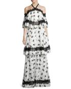 Tiered Lace-trim Burnout Maxi Dress, Ivory