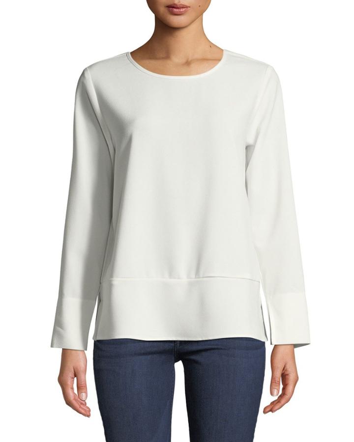 Long-sleeve Crewneck Crepe Blouse