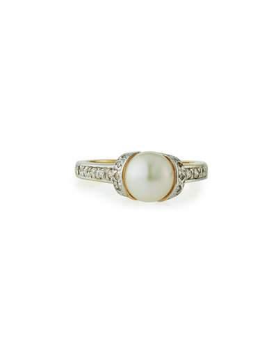14k 8mm White Freshwater Pearl & Diamond Ring,