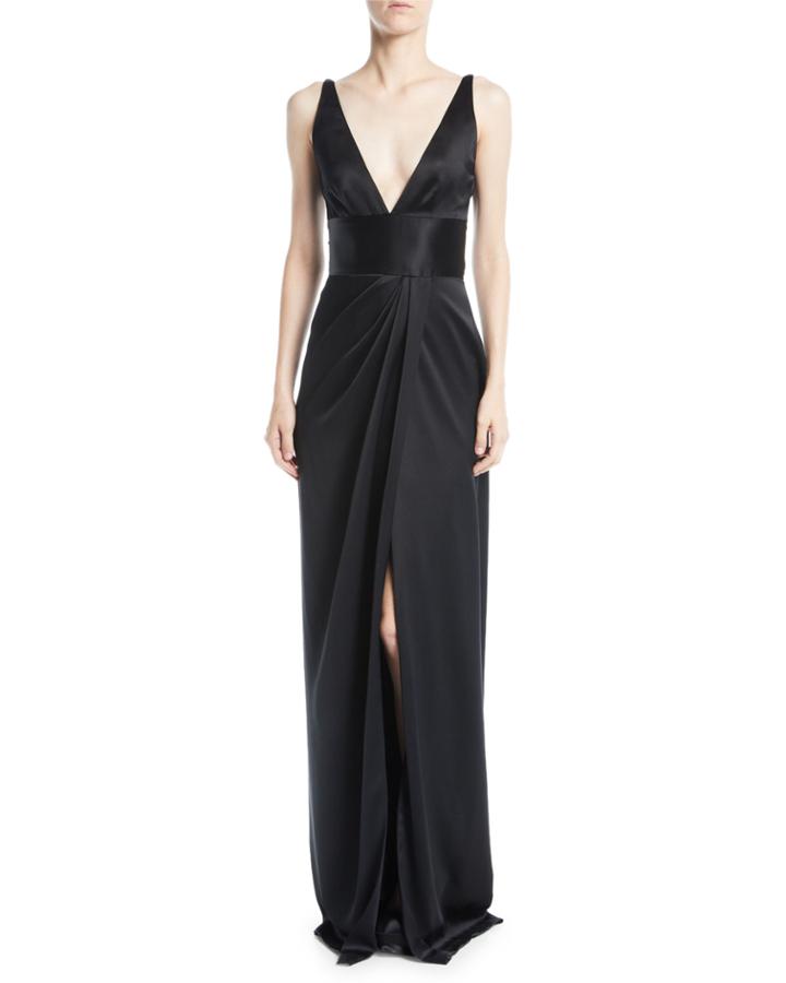 Deep-v Sleeveless Silk Column Evening Gown