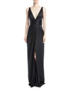 Deep-v Sleeveless Silk Column Evening Gown